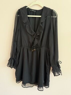 Mango Black Ruffle V-Neck Long Sleeve Dress